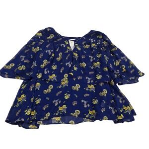 Disney Tunic Top Womens Blue XL Floral Ruffle Alice In Wonderland By Mary Blair
